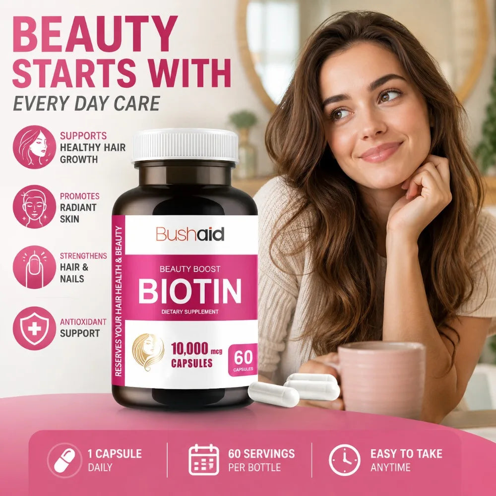 Bushaid Biotin 10000mcg Hair Growth Skin Nails Support Vitamin C E Zinc Selenium Horsetail Non-GMO Vegan Gluten Free 60 Capsules