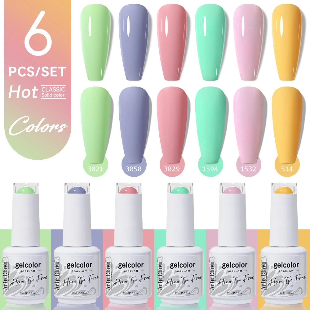 Arte Clavo 15ml Gel Polish Set 6PCS HEMA TPO Free Soak Off UV LED Nail Varnish Kit Long Lasting Manicure Gel for Nail Art Salon