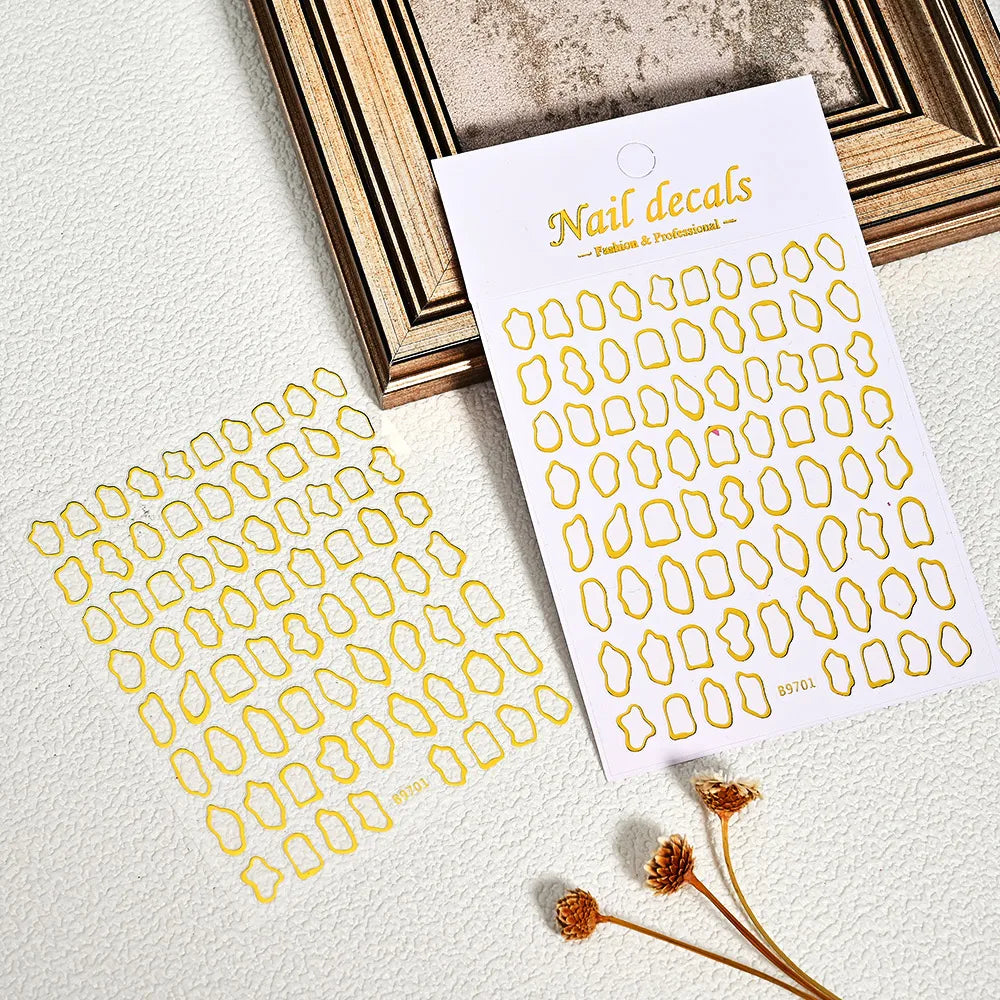 2pcs 3D Bronzing Gold Geometric Frames Nail Stickers Irregular Metallic Hollow Frame Nails Decals Square Geometric Nail Supplies