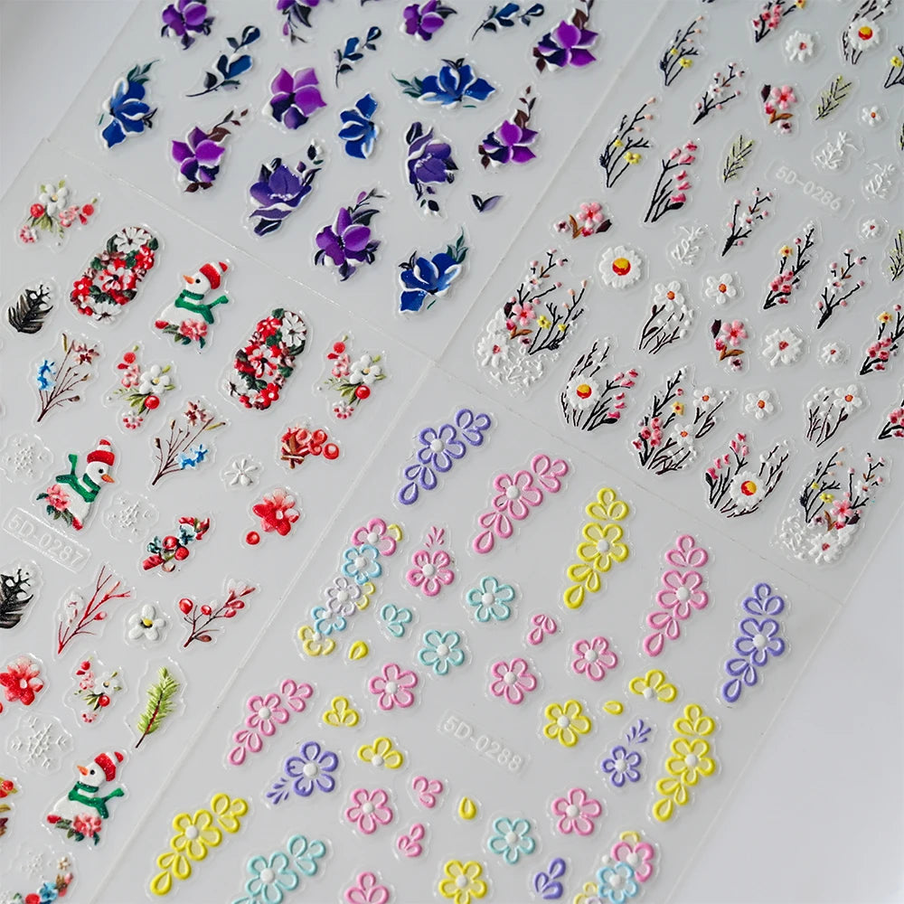 5D Pink Blue Floral Nail Art Stickers Petals Leaf Plant Embossed Nail Decals Spring Summer Flower Design for DIY Nail Supplies