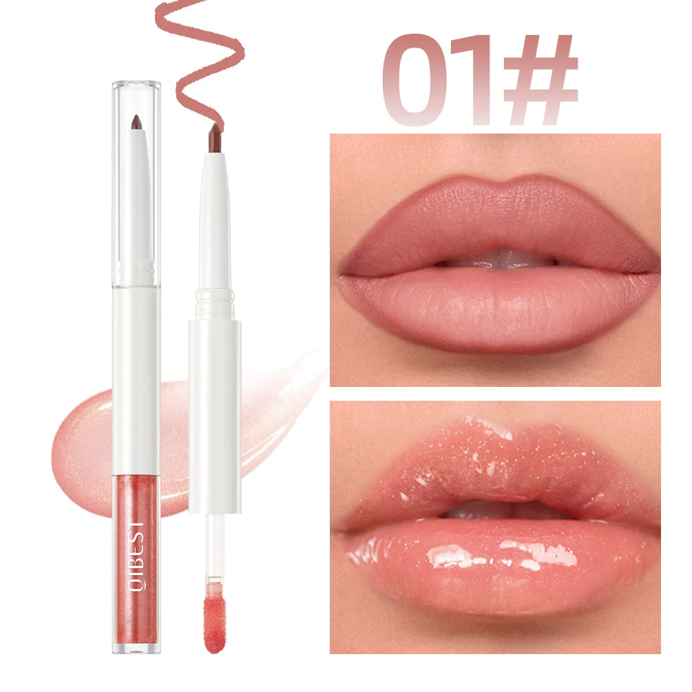QIBEST Double Head Mirror Lip Glaze Lipliner Pen Water Light Lipgloss Makeup 2 in 1 Stick Matte Velvet Lip Liner Contour Pencil