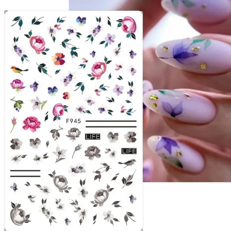 3D Flower Petal Nail Stickers Purple Pink Tulip Leaf Clover Summer Avocado Fruit Geometric Line Floral Manicure Decoration