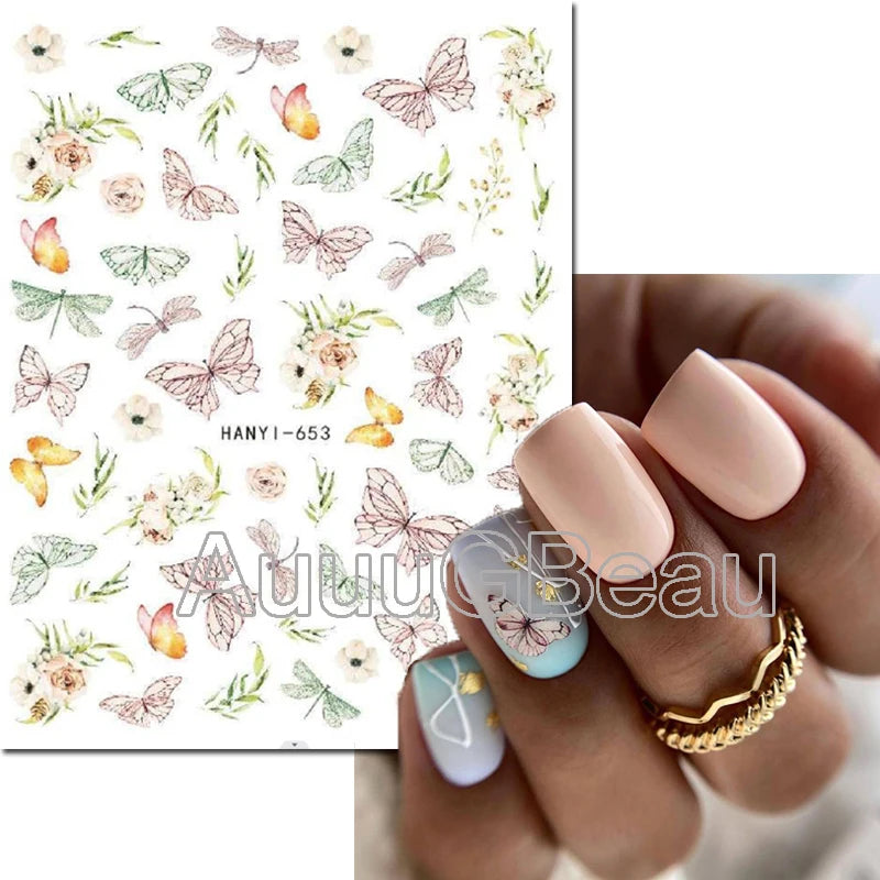 3d Nail Art Decals Geometric Lines Daisy Sunflowers Letters Adhesive Sliders Nail Stickers Decoration For Manicure