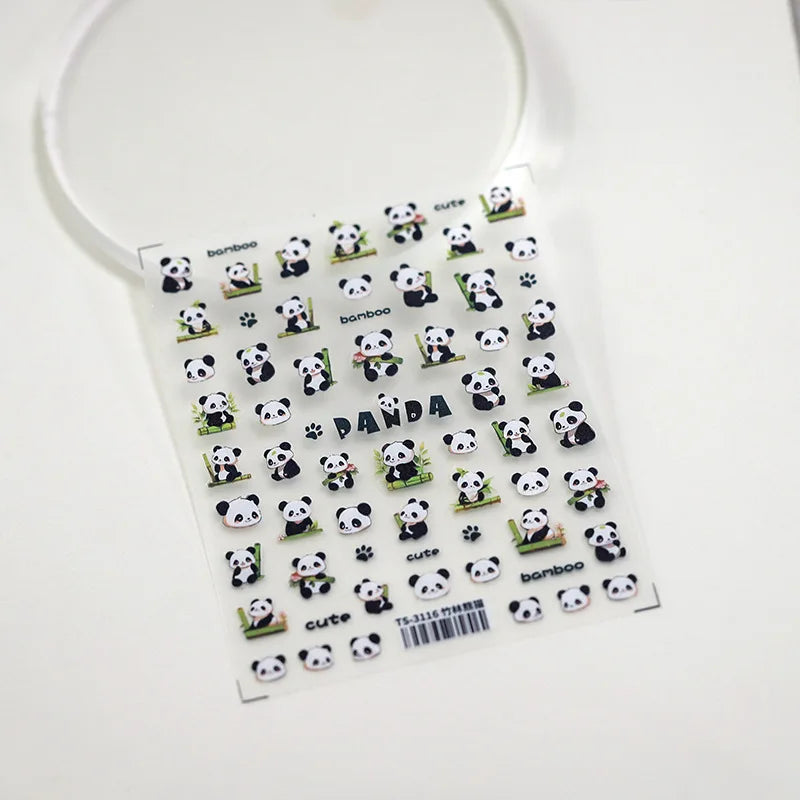 1pcs 5D Embossed Chinese Bamboo Panda Design Nail Art Kawaii Stickers Self-adhesive Transfer Nail Decorations Slider Decals DIY