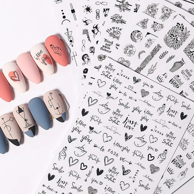 1PCS Black White Love Nail Stickers Letter Nail Design Flower Print Supplies Nail Art Decals Suitable For Women's Manicure