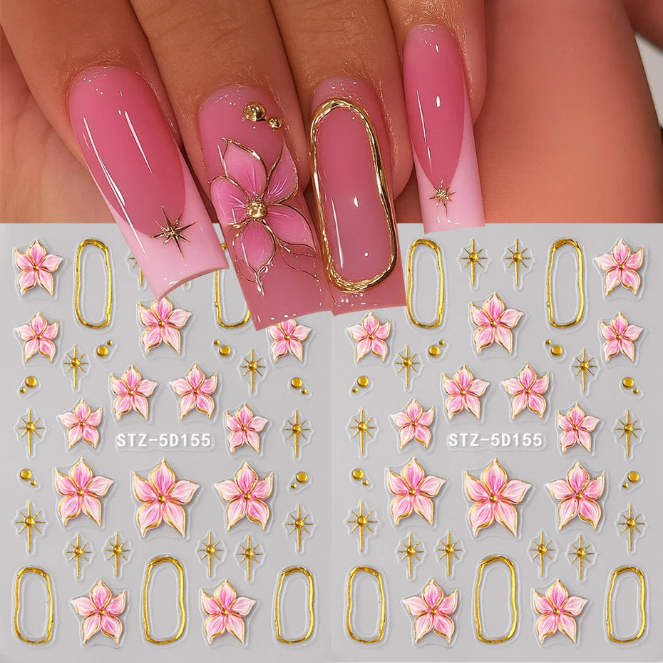 2pcs Embossed Hibiscus Flower Nail Art Sticker Pink Flower With Golden Metal Ring Charm Self-Adhesive Decals Manicure Decoration