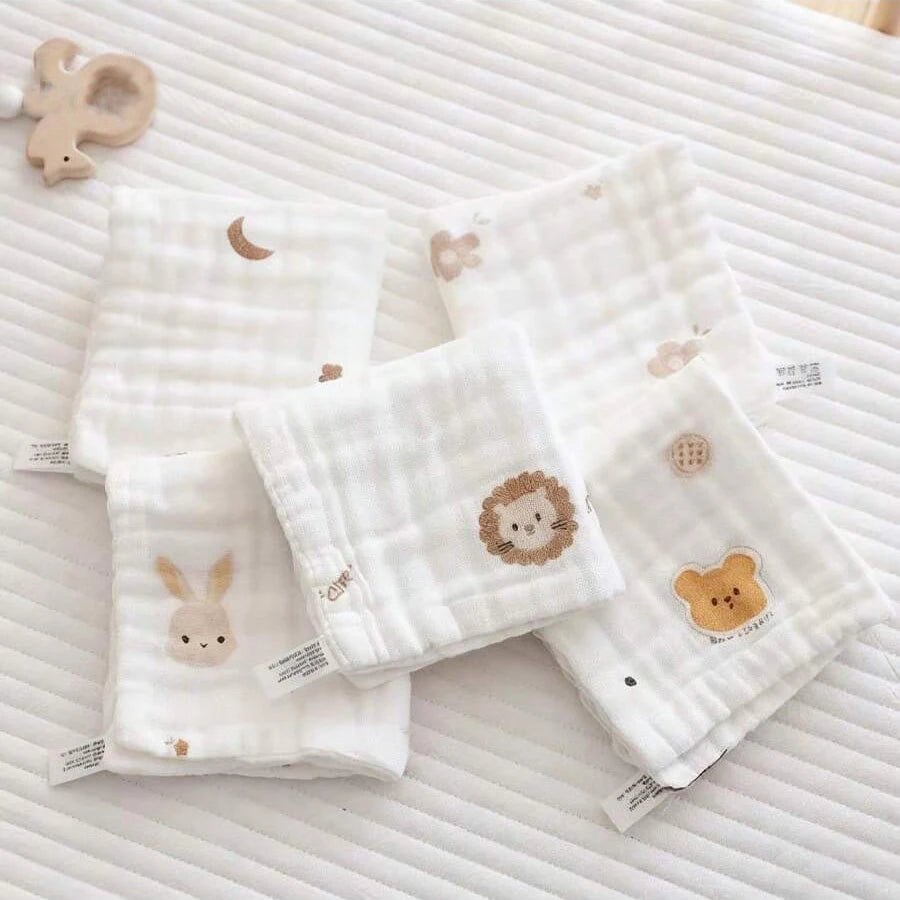 5Pcs Baby Crepe Gauze Towels – Soft Breathable Face Towels with Cartoon Floral Embroidery, Multi-Color Baby Bibs & Nursing Handkerchiefs for Newborn Care