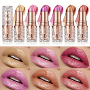 6 Colors 3 in 1 Pearlescent Sparkling Lipstick Matte Glitter Waterproof Long Lasting Pearl Shine Lip Gloss Shimmer Sexy Makeup