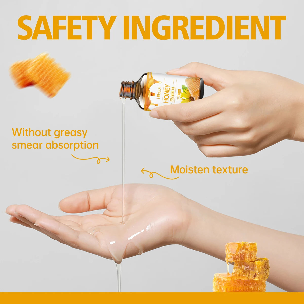 Honey Essential Oil, hypoallergenic, great for skin care, massage, face, body, nails and hair, suitable for all skin types.