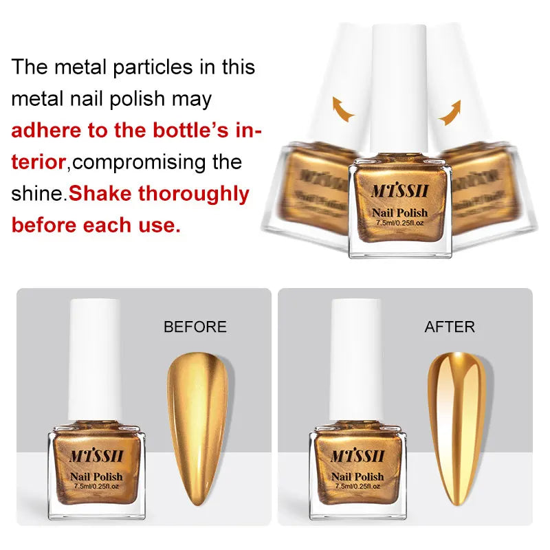 MTSSII 7.5ml Metal Nail Polish, Silver Gold Red Yellow UV LED Soak Off Metallic Nail Art Varnish Quick-Drying Air-Dry Formula
