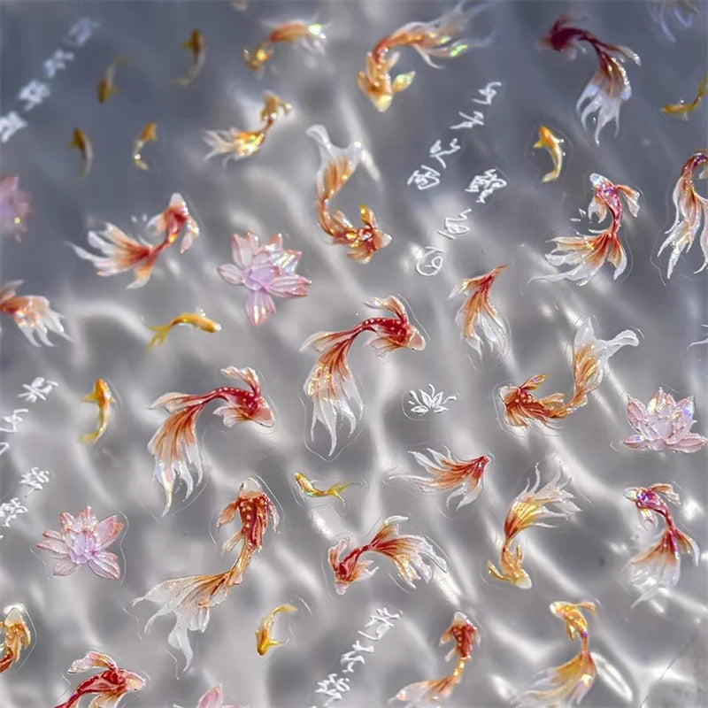 5D Rich Goldfish Nail Stickers Lotus Carp Ribbons Nail Art Appliqués Handmade Creative Nail Art Decorations