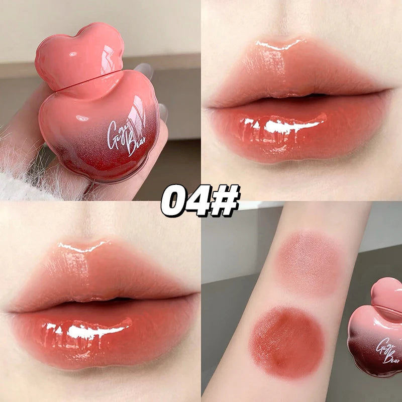 Gege Bear Heart Shape Water Light Lip Llaze Mirror Lipstick Lip Gloss, Hydrating Moisturizing, Long Lasting