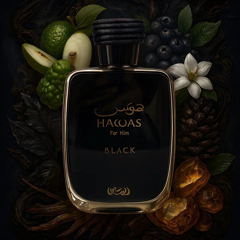 Rasasi Hawas Black EDP Spray 100ml Men's Fragrance Black & Gold Bottle Oriental Fougère Scent with Bergamot Lavender Ambergris Perfect Holiday Birthday Gift for Him