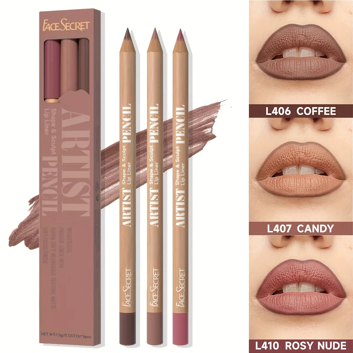 Face Secret 3pcs/Set Coffee Tones Beige Matte Lip Liner Waterproof,Long-Lasting, Velvet Smooth Natural Soft Pencil Lipstick