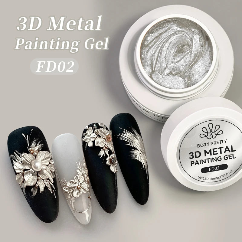 BORN PRETTY 5ml Gold Silver 3D Metal Nail Gel Polish Carving Plaster Texture Embossed Nail Gel Metal for DIY Manicure Art