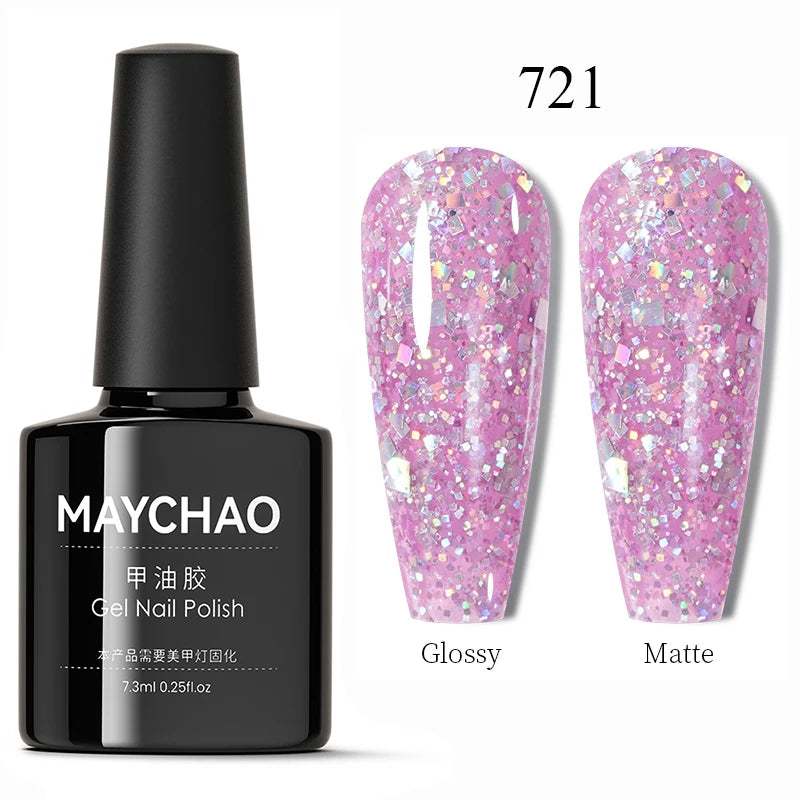 MAYCHAO Glitter Gel Nail Polish 7.3ml Semi-permanent Sequins Shiny Gel Base Top Coat Soak Off UV LED Varnish Nail Art Decoration