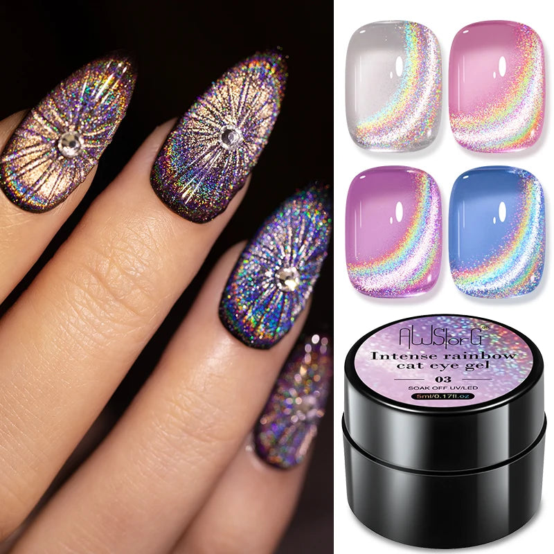 AWStorG Intense Rainbow Cat Eye Gel 5ml Holographic Laser Magnetic Nail Gel Soak Off UV LED Gel Polish Shiny Rainbow Manicur