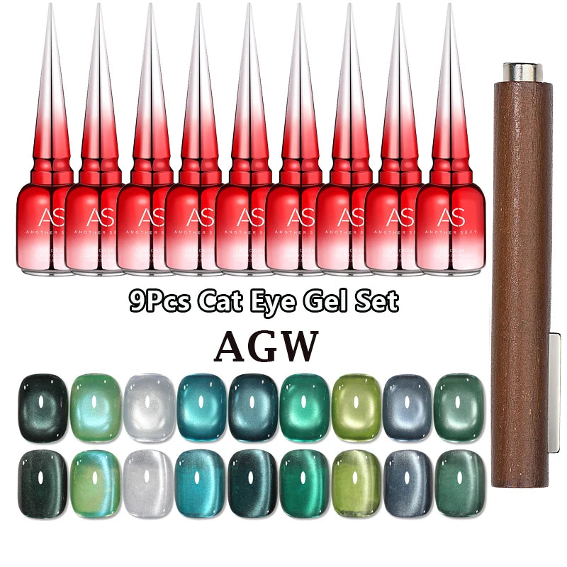 AS 9pcs Cat Eye Magnetic Moonlight Gel Nail Polish Set 15ml Sparkle White Silver Water Light Red UV Gel Nail Art Manicure Vernis