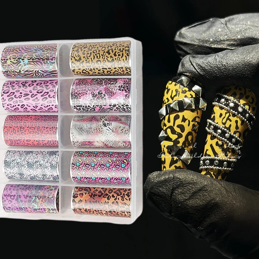 10 Rolls 50*4CM Pink Leopard Nail Foil Stickers Animal Print Nail Transfer Decals Irregular Shape Valentine's Day Manicure Decor