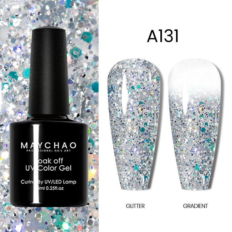 MAYCHAO Glitter Gel Nail Polish 7.3ml Semi-permanent Sequins Shiny Gel Base Top Coat Soak Off UV LED Varnish Nail Art Decoration