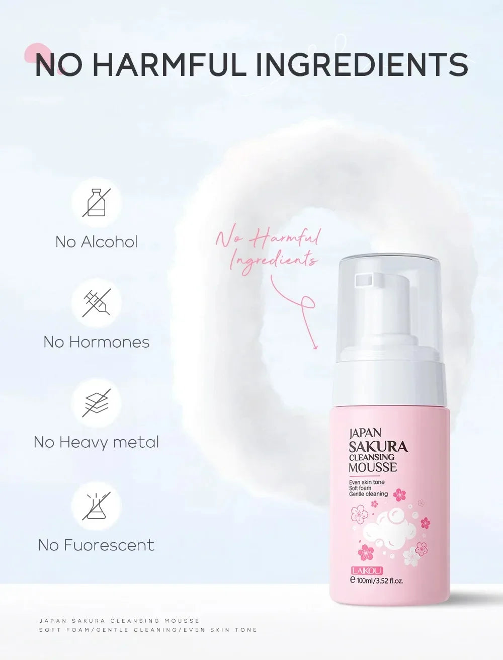 LAIKOU Japan Sakura Cleansing Mousse Gentle Foam Face Wash Even Skin Tone Deep Cleansing Non-Irritating Facial Cleanser 100ml