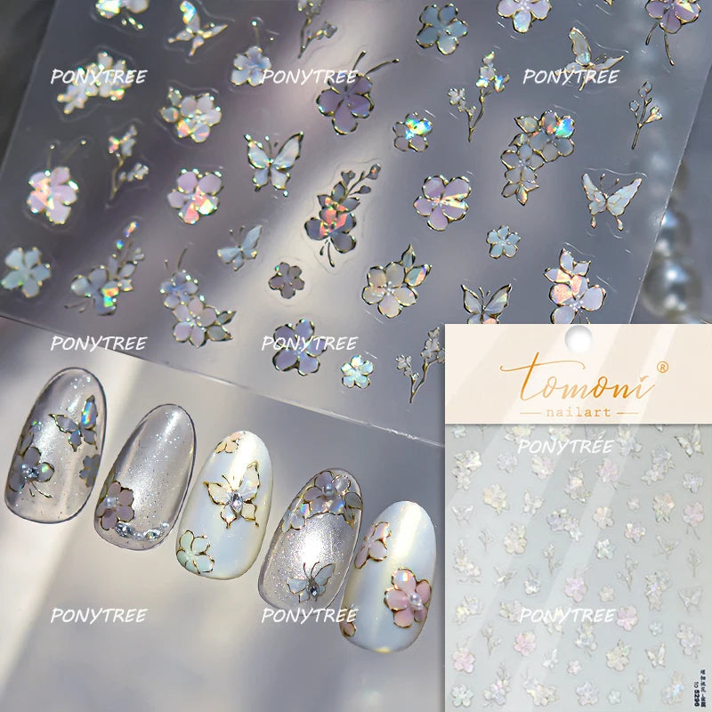 Elegant Pink Purple Flower Rose Colourful Gentle Petal Peach Blossom Metal Shiny Self Nail Art Sticker Decoration Manicure Decal