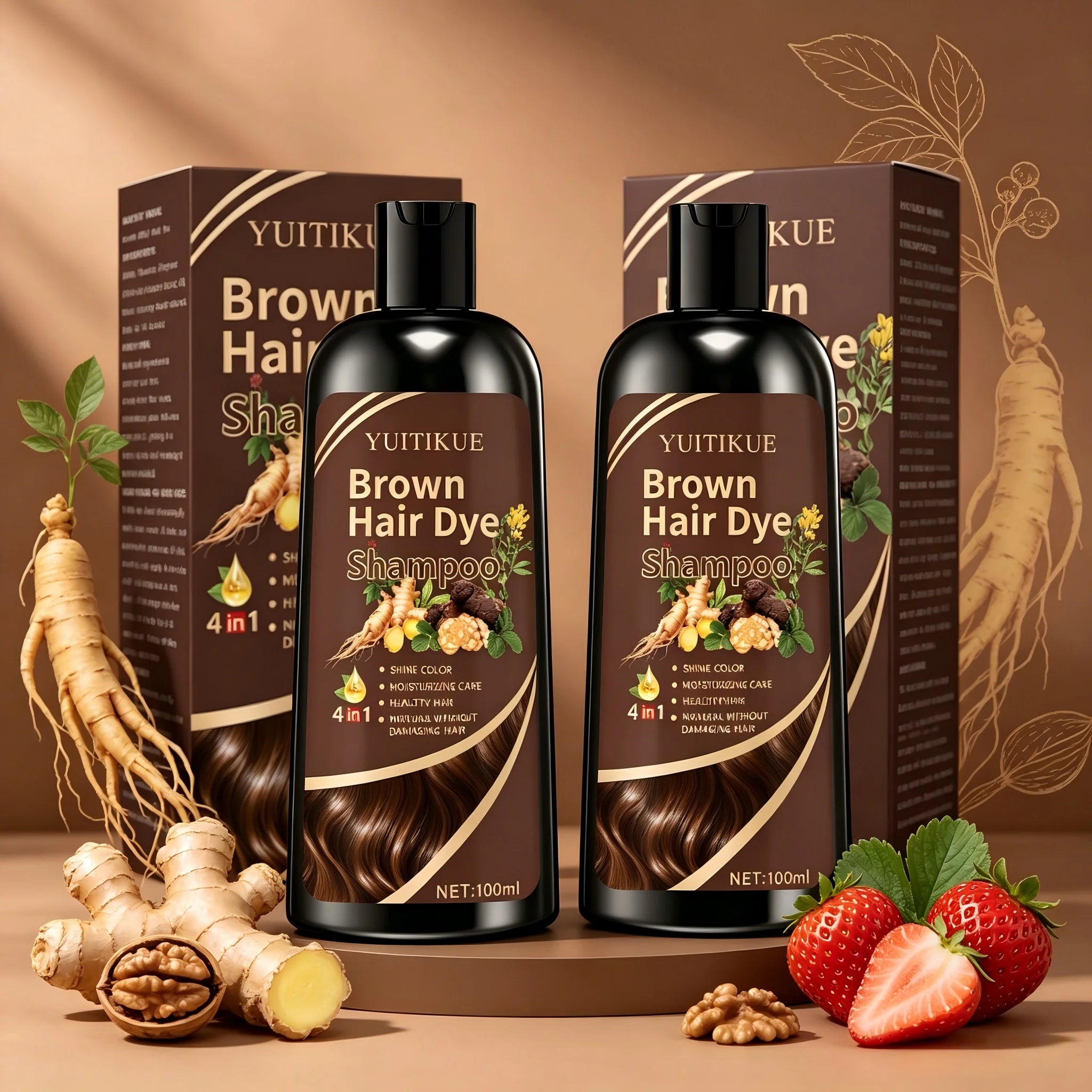 YUITIKUE Brown Hair Dye Shampoo | 4-in-1 Color, Moisturize, Nourish, Natural Ginger Formula 100ml