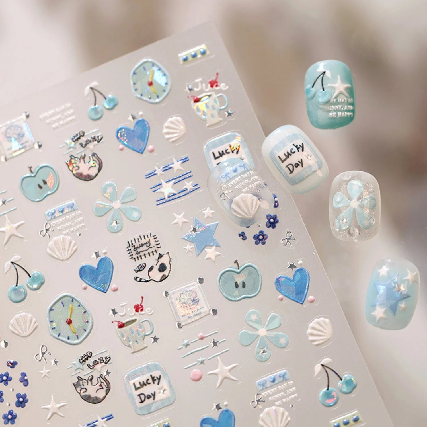 Light Blue 5D Nail Art Stickers Cartoon Cat Cherry Apple Clock Starfish Shell Blossom Decal Self Adhesive Sweet Fresh Manicure