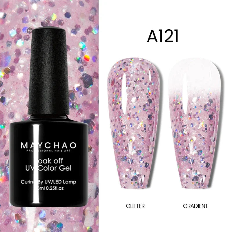 MAYCHAO Glitter Gel Nail Polish 7.3ml Semi-permanent Sequins Shiny Gel Base Top Coat Soak Off UV LED Varnish Nail Art Decoration