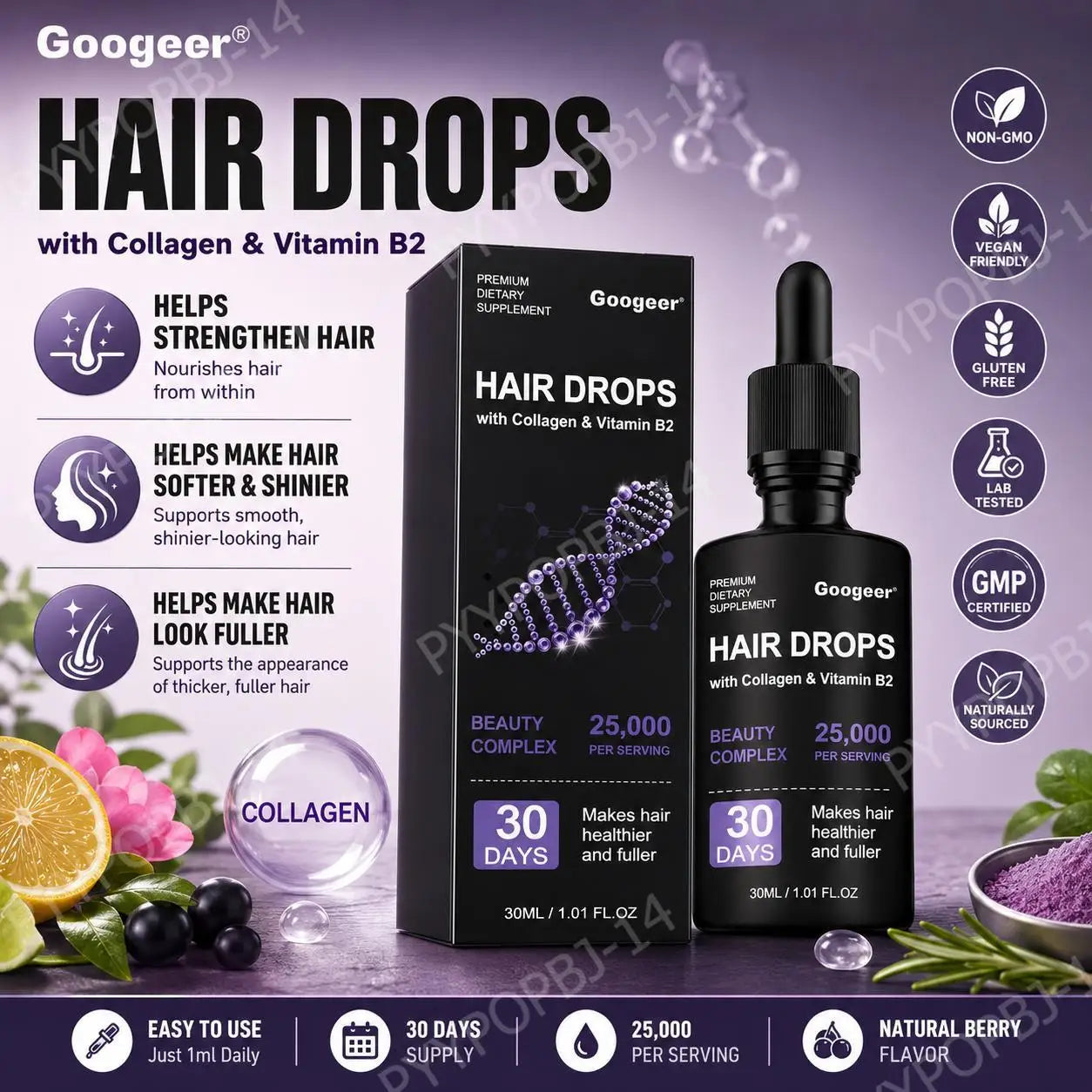 Googeer Collagen Hair Drops 30ML with Vitamin B2 for Stronger Fuller Hair Beauty Complex 30 Day Supply