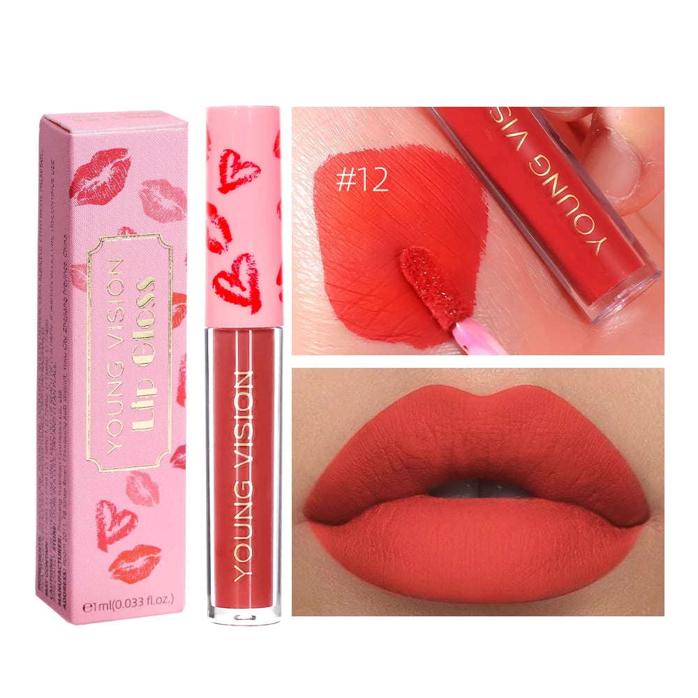 12 Color Matte Velvet Liquid Lip Gloss Long Lasting Non-Stick Cup Waterproof Intense Color Showing Lip Mud