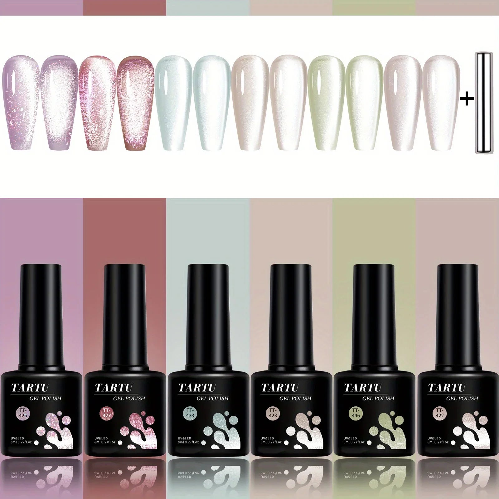 TARTU 6pcs 8ml Cat Eye Gel Nail Polish Set, 6 Colors Gel Polish Kit, Soak Off for Uv/Led, for Salon and Nail Art DIY At Home