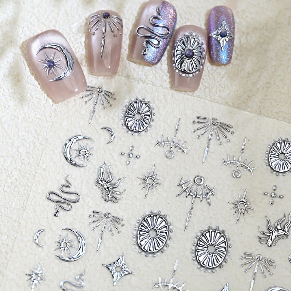 Gold Silver Snake Stars Nail Stickers for Nail Decoation Decals 5D Self-Adhesive Bronzing Stars Moon Totem DIY Supplies Slider