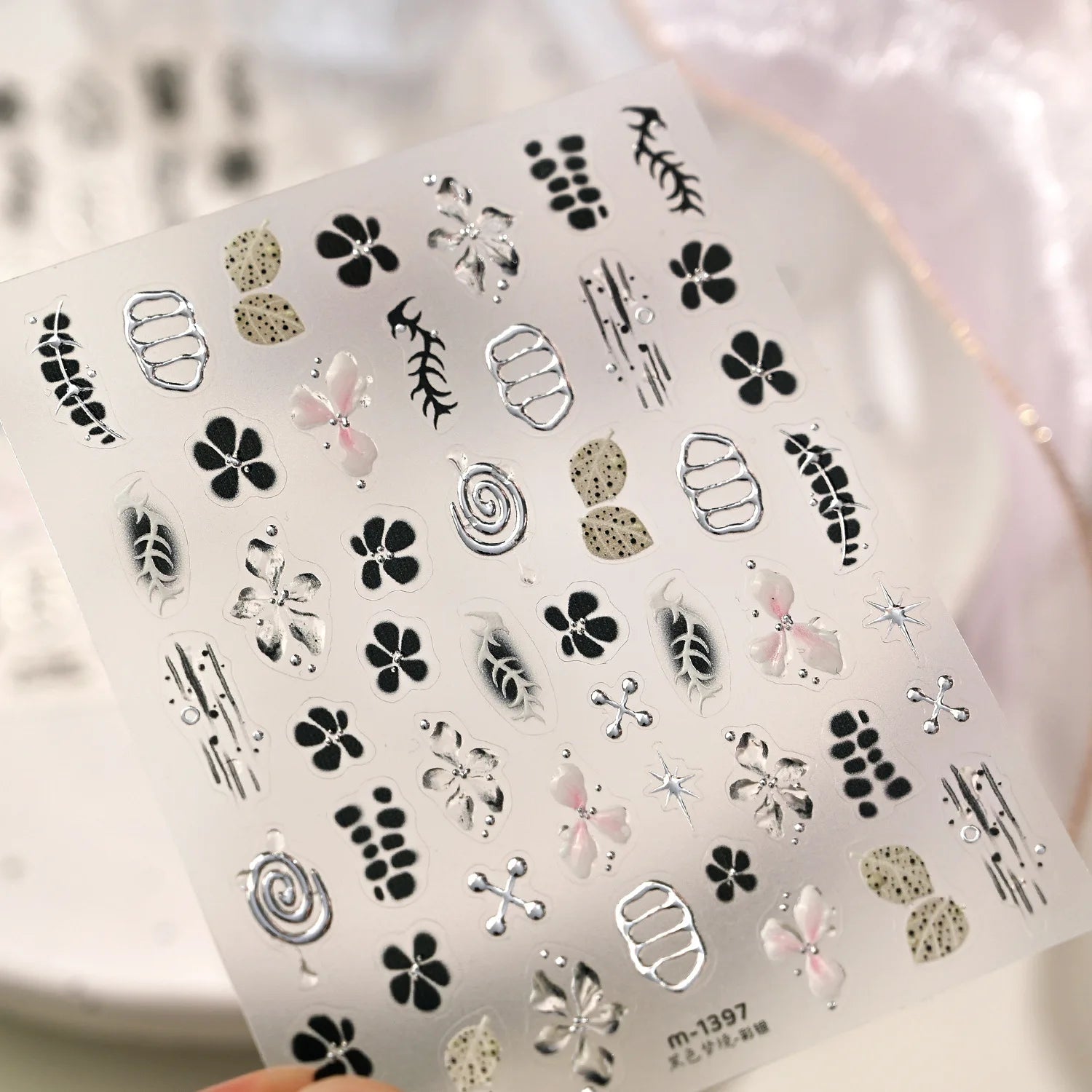 5D Black Silver Dream Thorn Clover Thorn Leaf Silver Spiral Pink Diamond Flower Silver Star Nail Art Stickers Embossed Decals