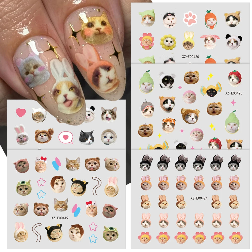 30pcs Cute The Cat Dog in the Hat Nail Stickers 3D Lovely Animal Kitten Puppy Pets Nail Decals Self-Adhesive Cartoon Nail Slider