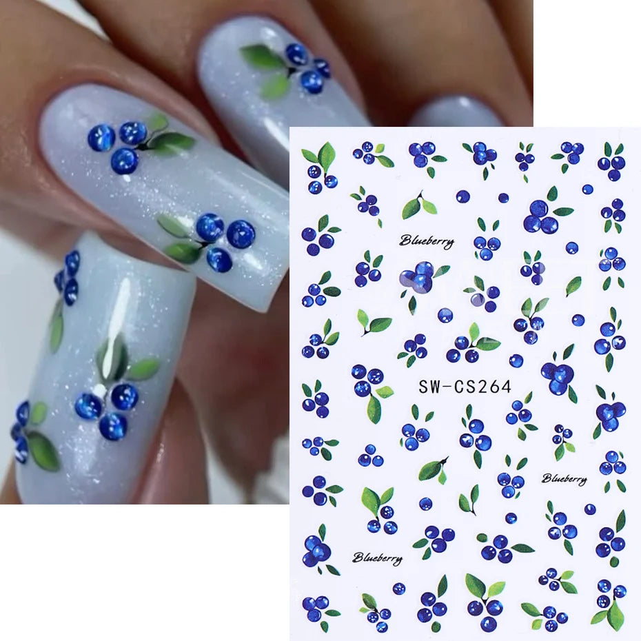 3pcs Lemon Fruits Nail Stickers 3D Cute Strawberry Blueberries Petals Nail Decals DIY Adhesive Slider Summer Manicure Decoration