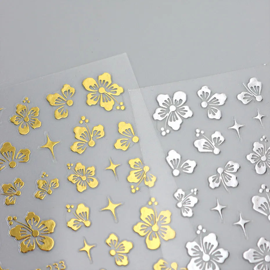 4pcs Hibiscus Flower Nail Art Sticker 3D White Pink Floral Decal Y2K Gold Silver Petal DIY Romantic Self-Adhesive Manicure Decor