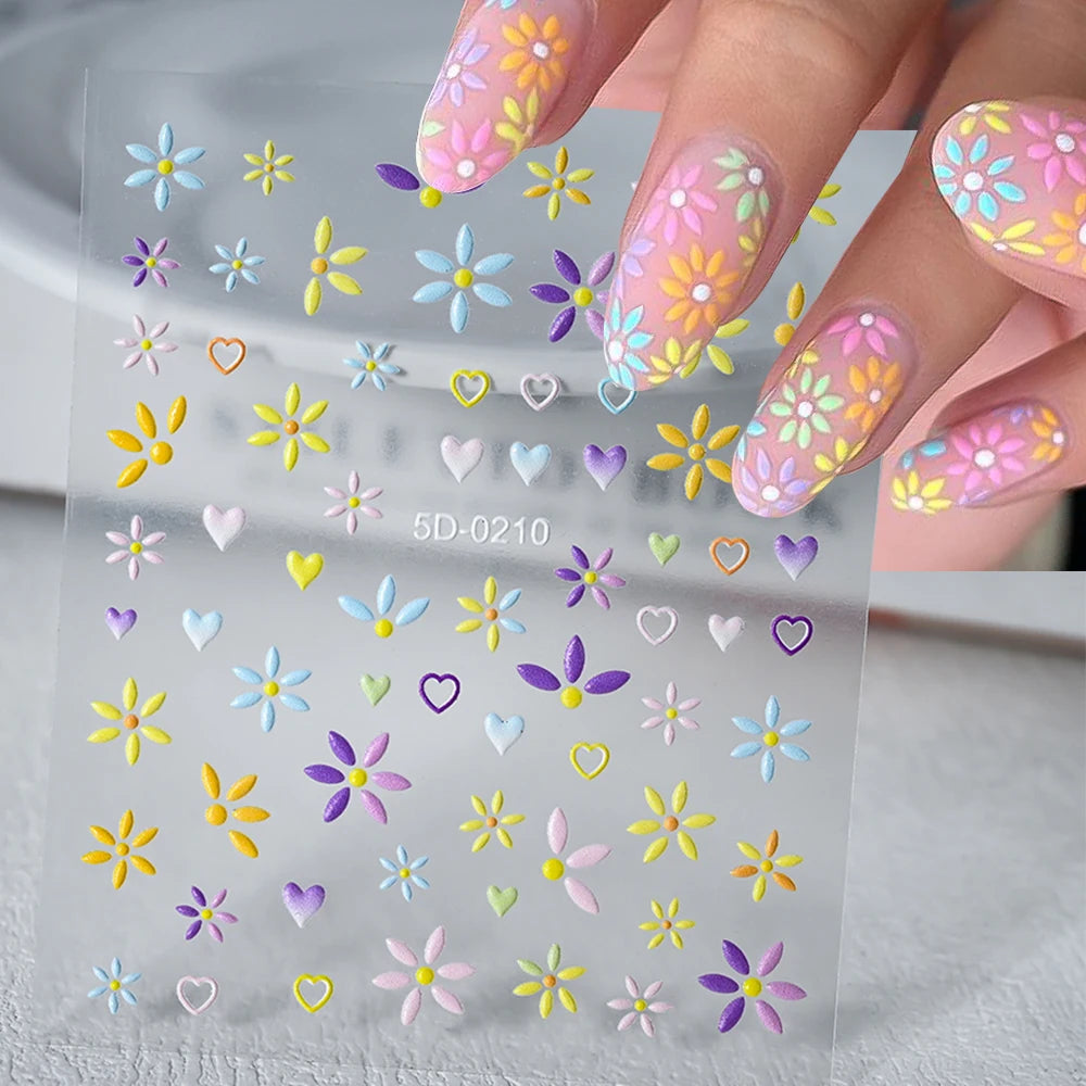 5D Pink Blue Floral Nail Art Stickers Petals Leaf Plant Embossed Nail Decals Spring Summer Flower Design for DIY Nail Supplies