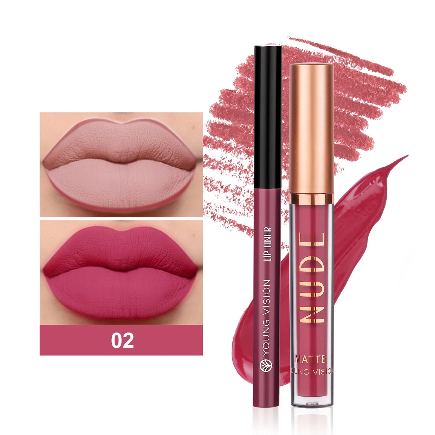 YOUNG VISION Dual Color Lip Liner Lip Gloss Combo Set Color Showing Waterproof Sweatproof Non-Sticky Cup Lip Gloss Set