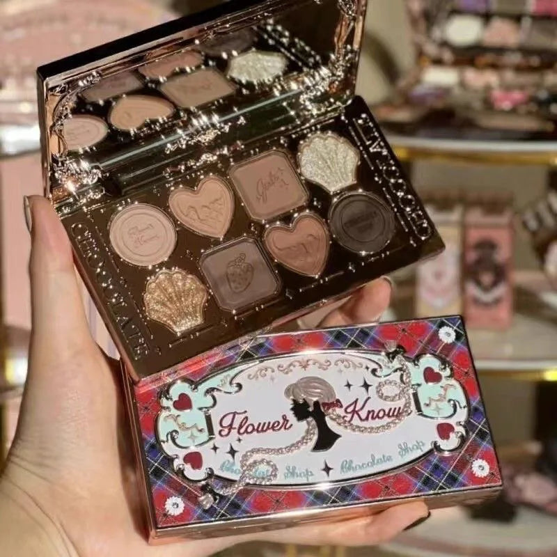 Flower Knows Chocolate Shop Highly Pigmented Eyeshadow Palette Shimmer Matte Glitter Long Lasting Vegan Eye Shadows Cruelty-free