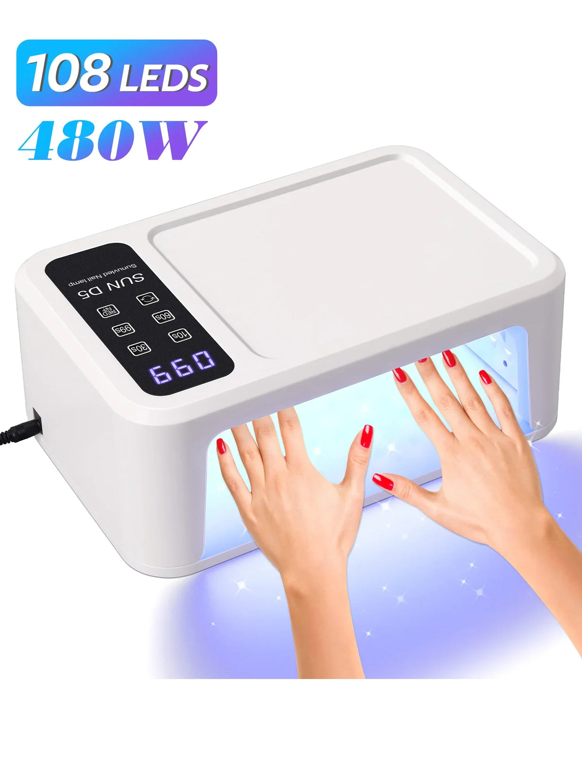 480W UV LED Lamp for Nails 108 LEDs Nail Dryer with Red Light Whitening Mode Large Space Manicure Lamp 4 Timer Settings