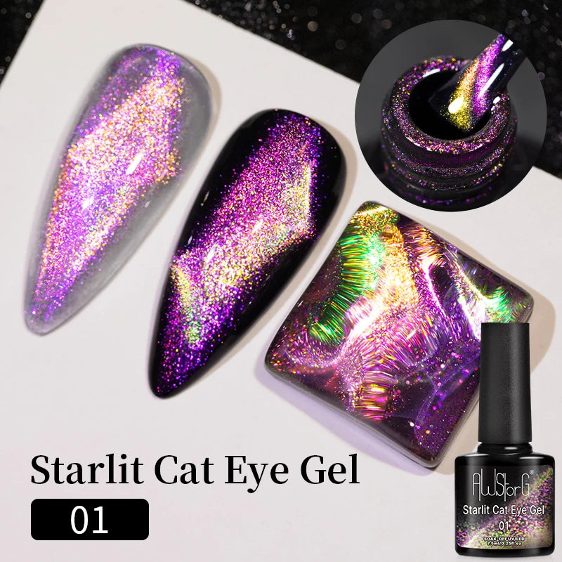 AWStorG Intense Rainbow Cat Eye Gel 5ml Holographic Laser Magnetic Nail Gel Soak Off UV LED Gel Polish Shiny Rainbow Manicur