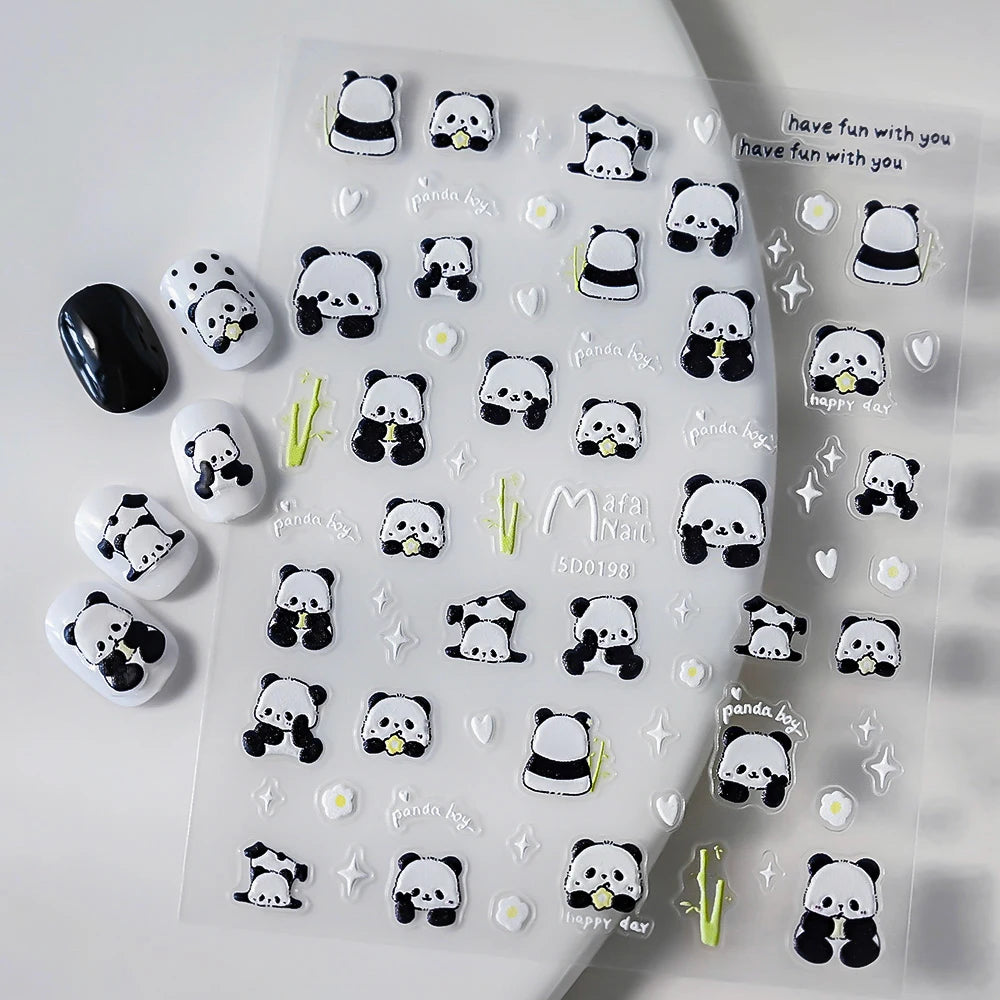 5D Lovely Panda Animal Nail Stickers Bunny Korean Cartoon Relief Self Adhesive Nail Art Stickers Cute Pretty Smile Star Manicure