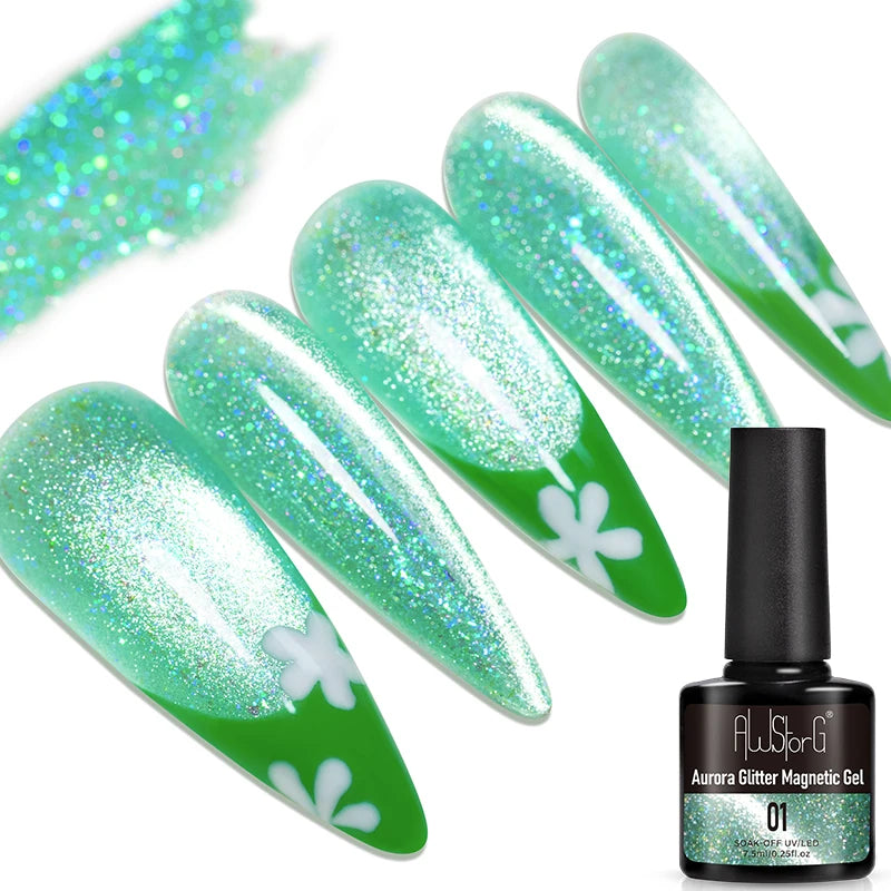 AWStorG Intense Rainbow Cat Eye Gel 5ml Holographic Laser Magnetic Nail Gel Soak Off UV LED Gel Polish Shiny Rainbow Manicur
