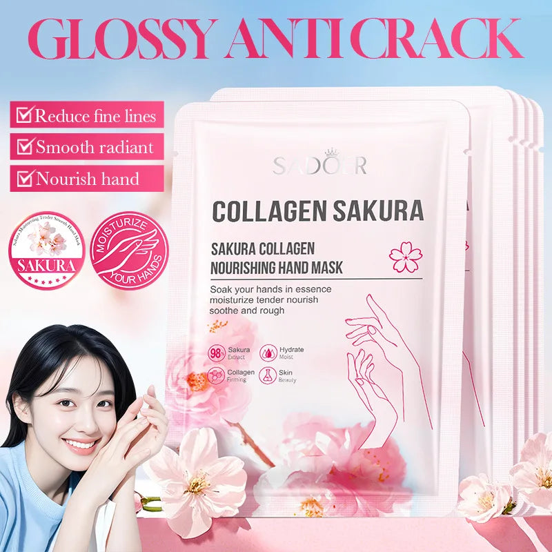 5 Pairs SADOER Sakura Collagen Nourishing Hand Mask Anti Crack Smooth Nourish Dry Hands Reduce Fine Lines For Tender Hand Skin