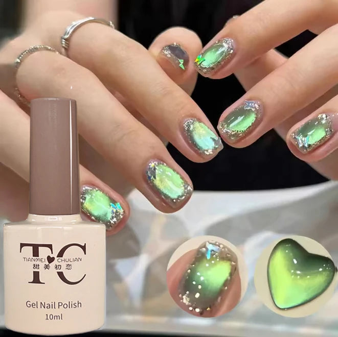 TC 10ML 2026 New Star Bamboo Cat Eye Nail Supplies Pavilion Strobe Green Glass Bead Cat Eye Magnetic Gel Polish Summer Nails