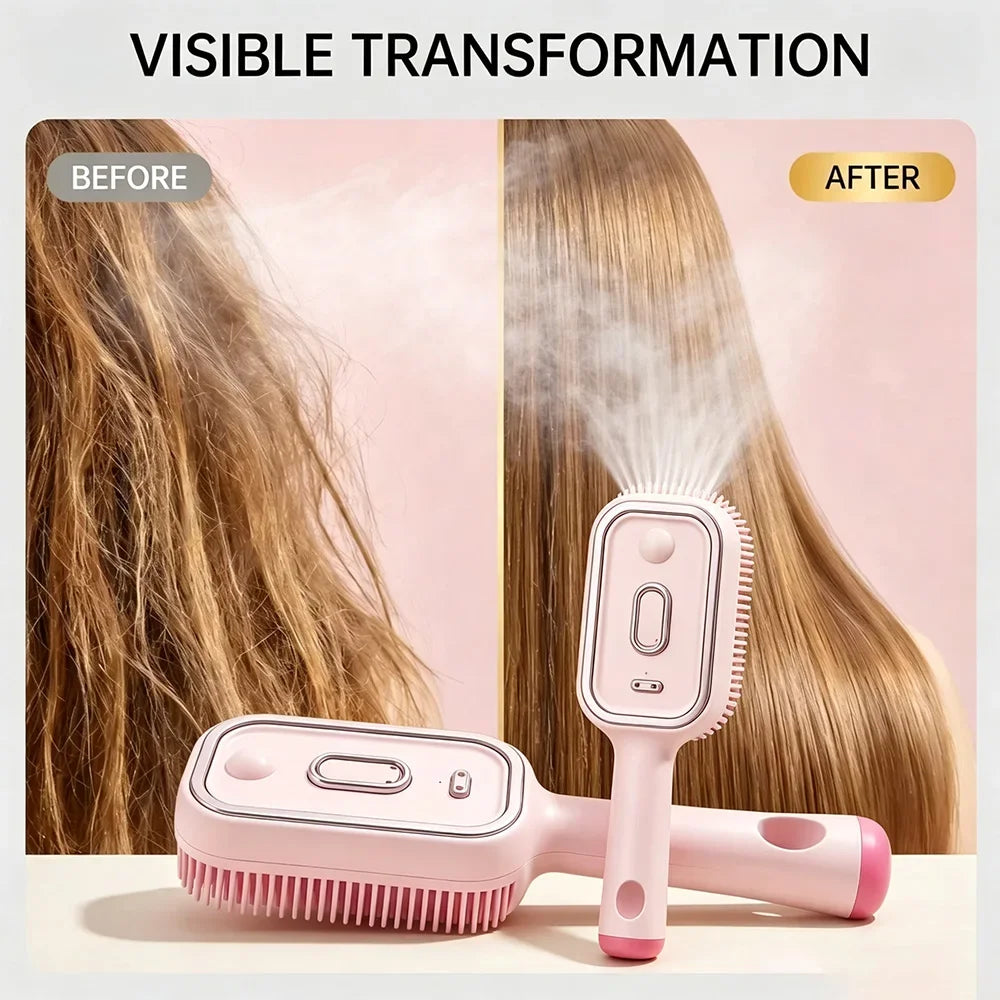 Electric Spray Hair Brush 2-In-1 Misting Hair Brush with Water Spray Reduce Frizz Anti-Static Retractable Steam Massage Comb