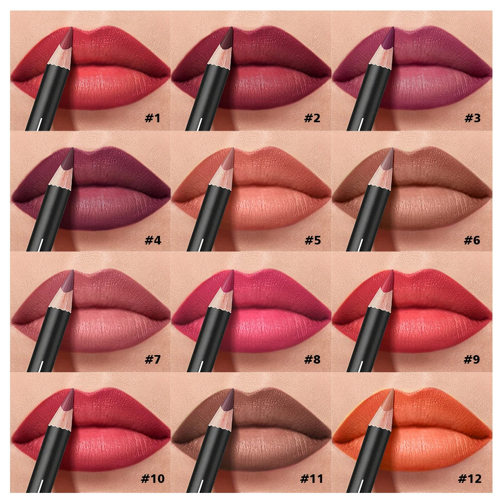 12 Colors Semi-Matte Lip Liner Pencil Set Color Rendering Easy Makeup Waterproof Smudge-proof Durable Lip Makeup Cosmetics