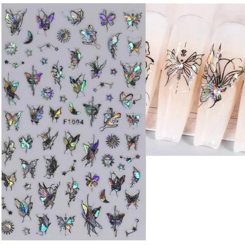 1PCS Black White Butterfly Laser Nail Stickers Y2K Nail Art Decoration Abstract Lines Bronzing Flowers Stickers For Nails