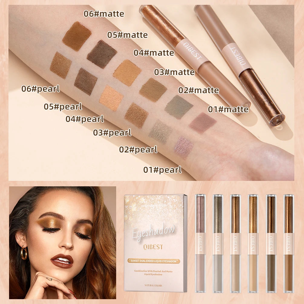 QIBEST Double Head Glitter Matte Eye shadow Stick Makeup Sets Long Lasting Shimmer 2 In 1 Liquid Eyeshadow Cosmetic Sets 6 Color